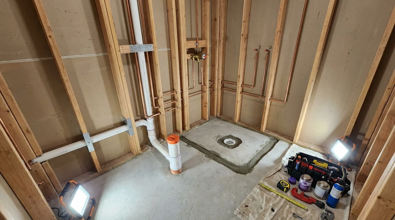 Bathroom rough-in plumbing during remodel by Johns Plumbing LLC in Sioux Center