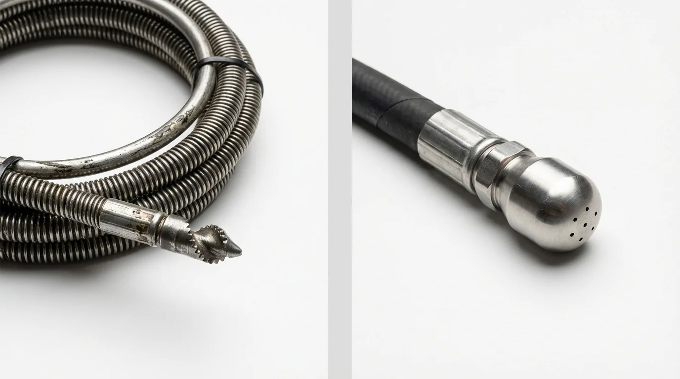 Drain snake cable and hydro jetting nozzle used for drain cleaning in Sioux Center, IA