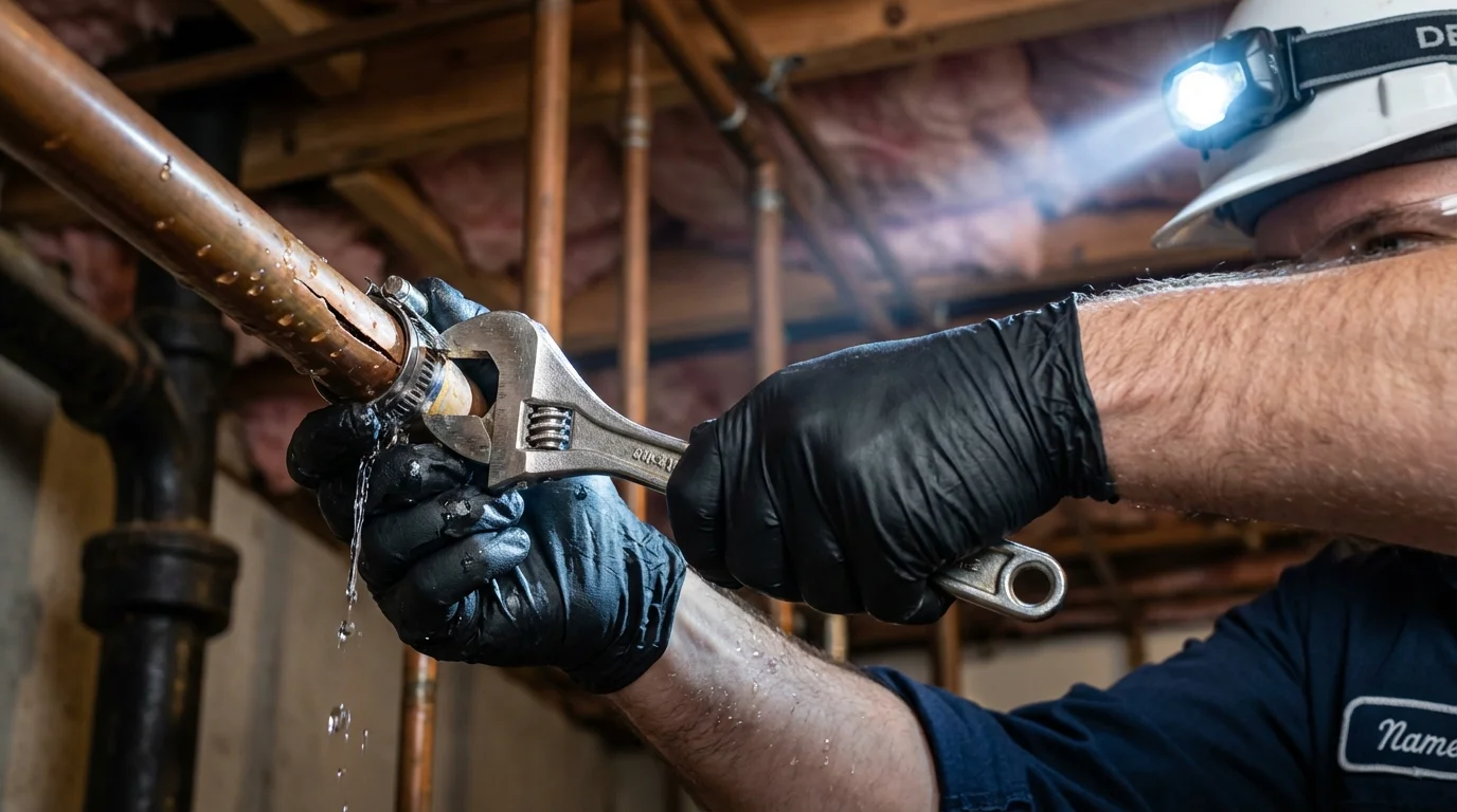 Emergency pipe clamp repair being performed by a Johns Plumbing LLC plumber in Sioux Center