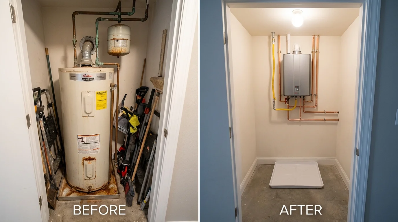 Tank water heater versus wall-mounted tankless unit comparison for Sioux Center, IA homeowners