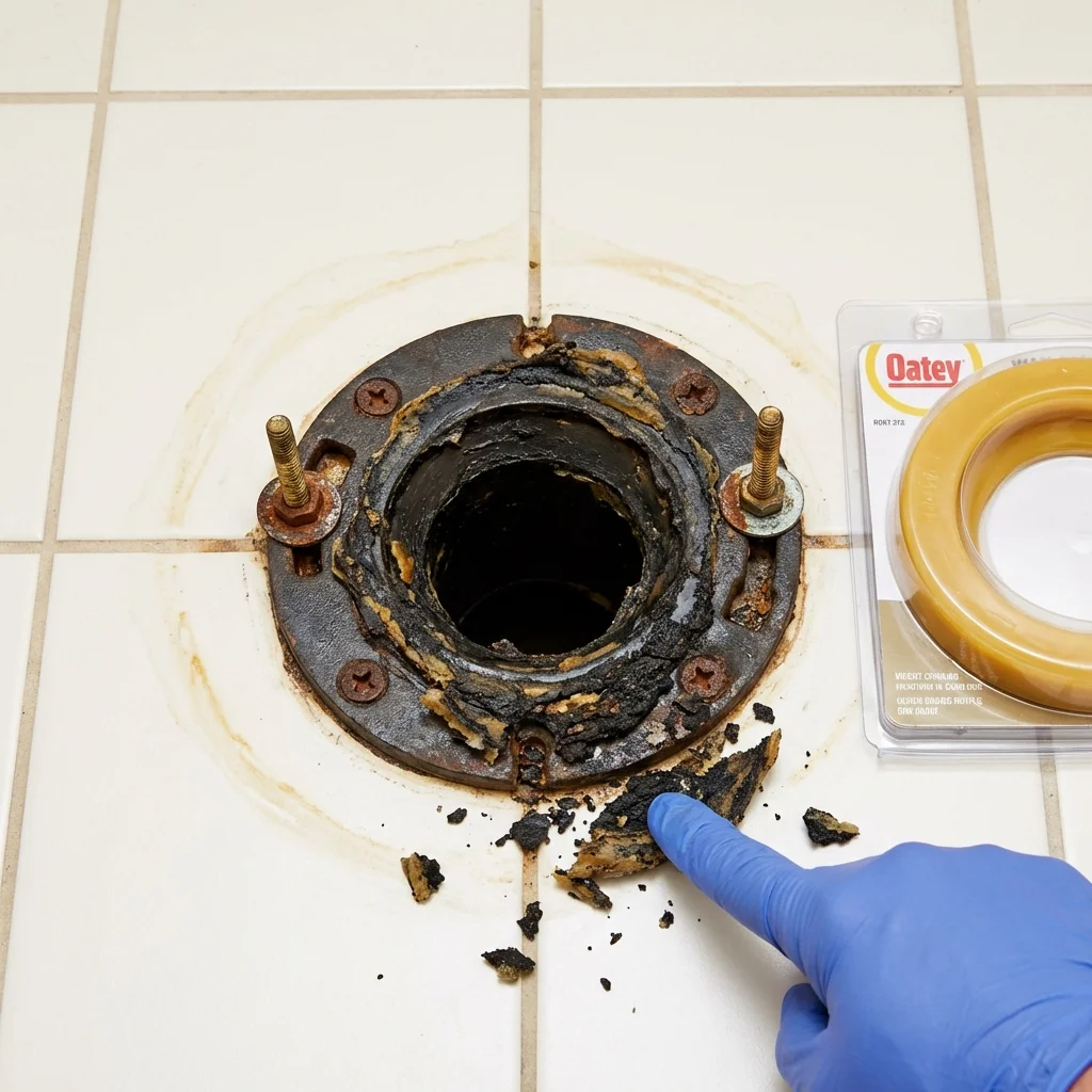 Failed wax ring showing water seepage at the base of a toilet in a Sioux Center, IA home