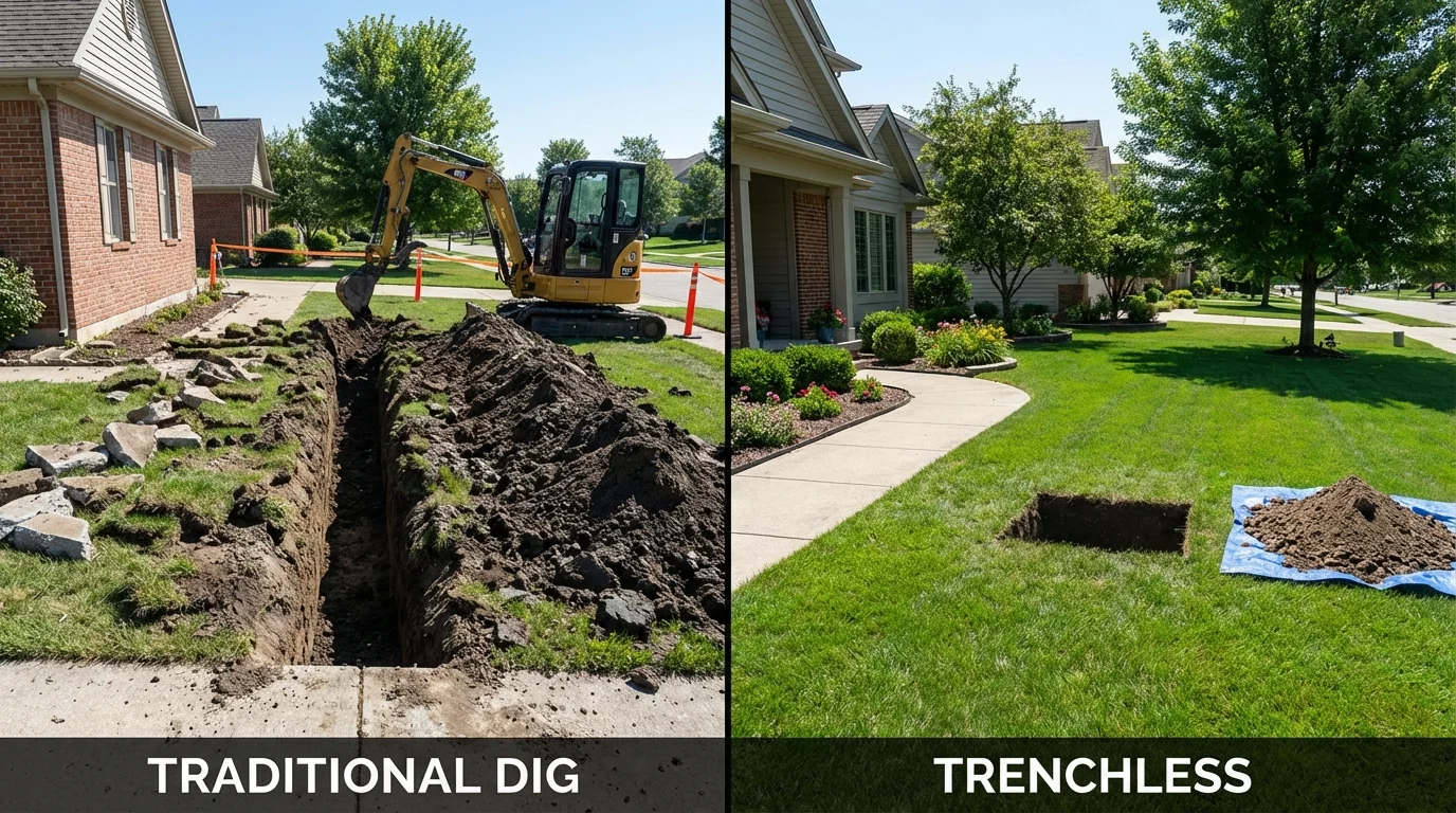 Trenchless sewer repair with minimal yard damage versus traditional excavation in Sioux Center, IA